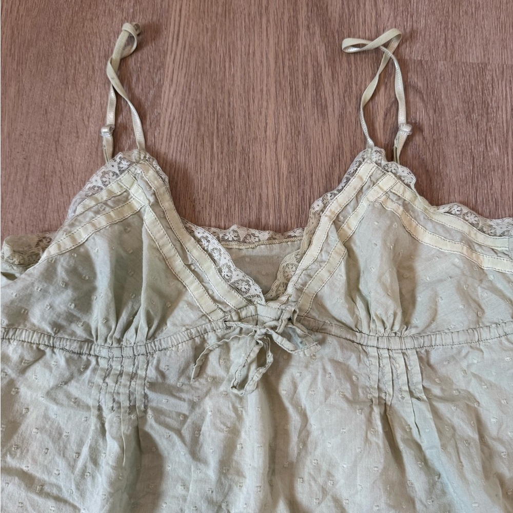 Lace Trim Eyelet Cami Top - Light Green Colour - Picture 3 of 5